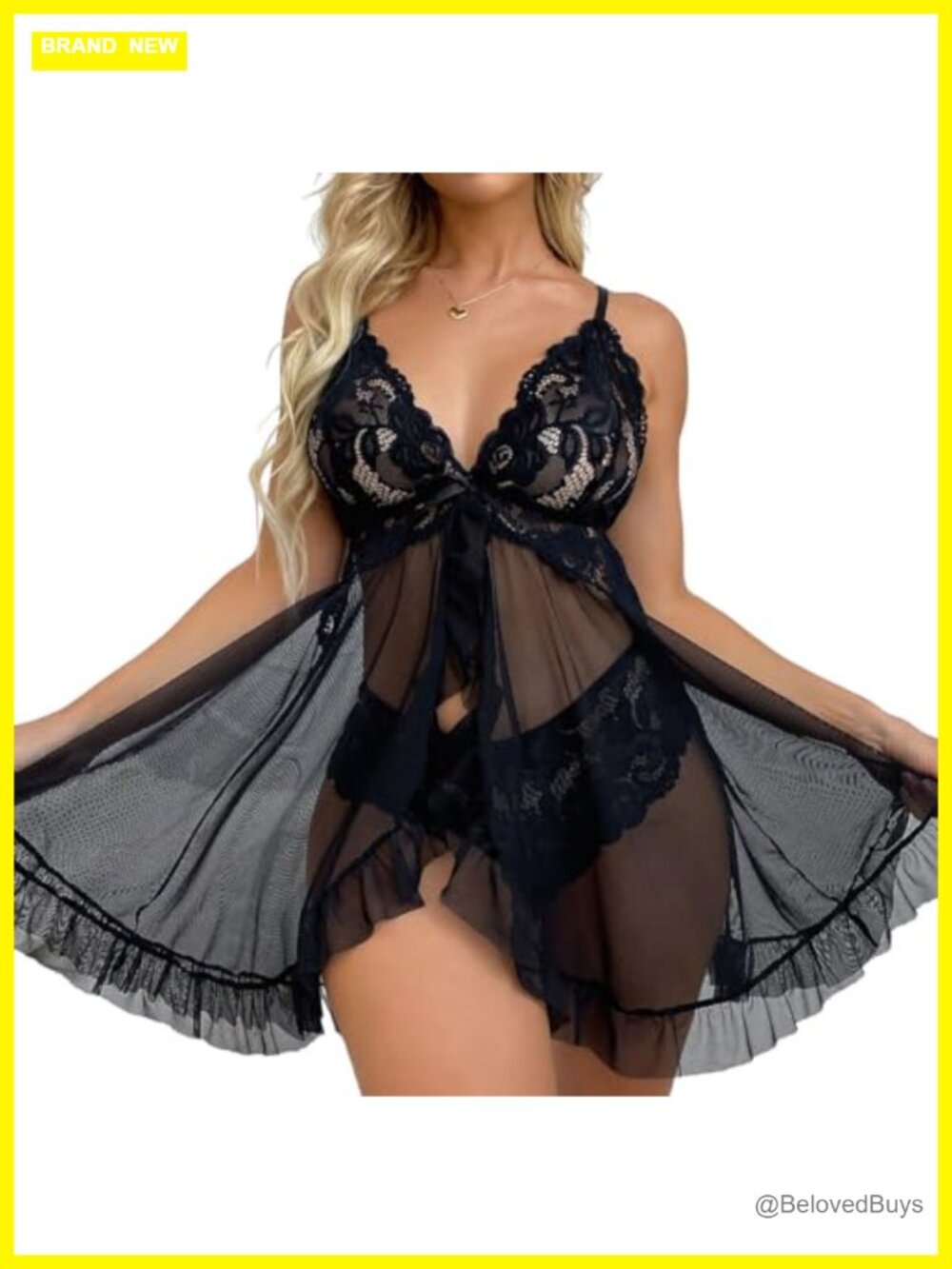 Women Lace Babydoll Chemise Mesh Nightgown with Thong